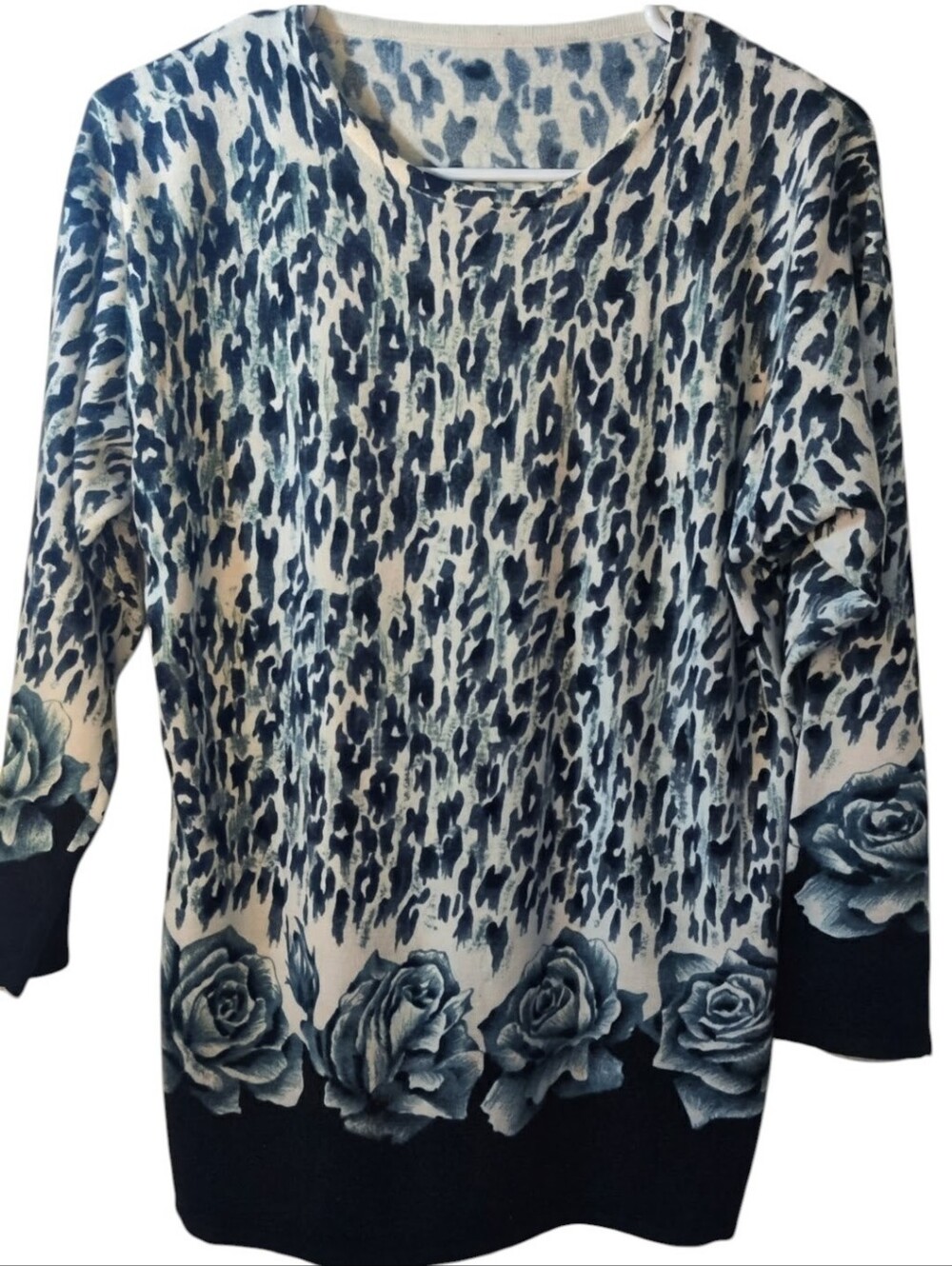 Black & White Leopard Print Sweater with Rose Border